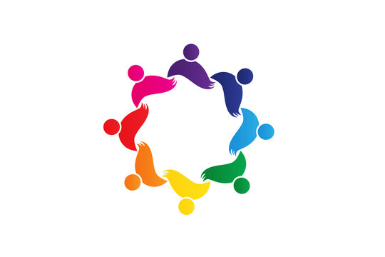Teamwork young diversity people partners in a hug of eight persons concept of unity friendship partnership working together icon logo vector image design
