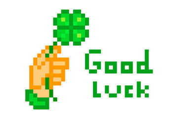 Obraz premium Leprechaun hand holding four-leaf clover and good luck wish, pixel art Saint Patrick's Day illustration isolated on white background. 8 bit old school vintage retro slot machine/video game graphics.