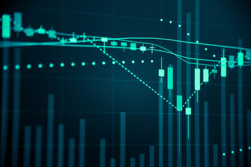 Candle stick graph chart with indicator: Cryptocurrencies graphs trading including of up and down trend with divergent reverse price pattern.	