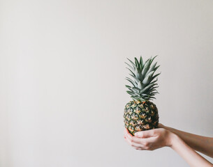 Female hand holding ripe pineapple fruit on white background
