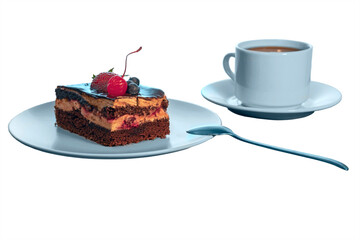 piece of delicious homemade cake on a plate and a cup of strong black coffee isolated on white background