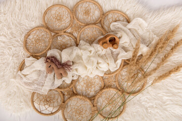 Mockup for announcement pregnancy . Space for text on textile background