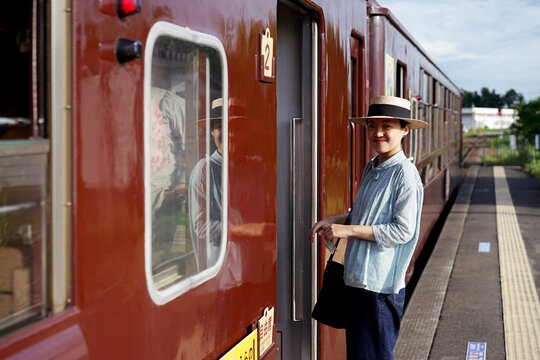 Beautiful Asian women on the train, journey in Japan