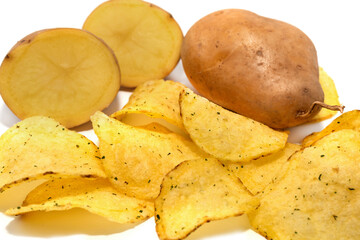 Potato Crisps with spices and potatoes on a white background. Potato chips close-up.