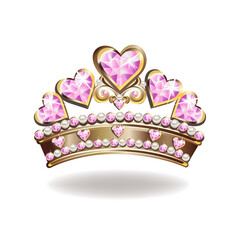 Princess crown or tiara with pearls and pink gems in the shape of a heart vector illustration isolated on white background. © liana2012