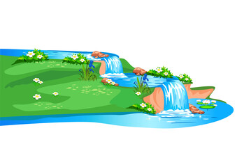 Vector horizontal background of a fabulous summer landscape with a cascade of waterfalls and a meadow in cartoon style isolated on white background.
