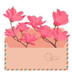 Envelope with letter, spring postcard design vector stock illustration. Delicate magnolia flowers. An elegant invitation card. Isolated on a white background.