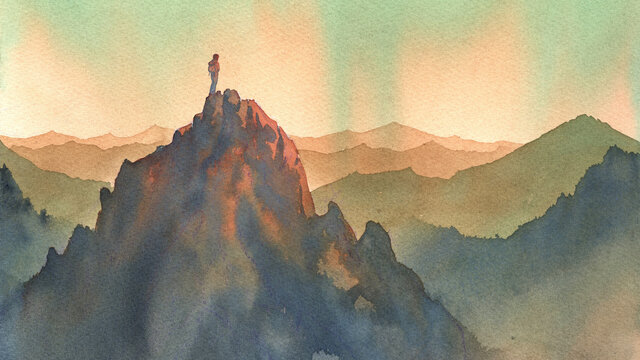 watercolor landscape. man on the peak of the mountain. shiluette of the mountains