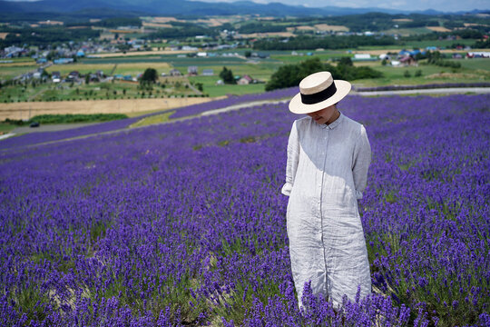 Beautiful Asian women in lavender field, journey in Japan