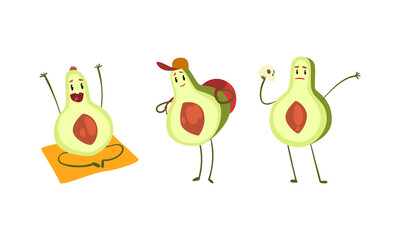 Naklejka premium Cute Avocado Characters Set, Funny Humanized Fruit Doing Sports, Traveling, Performing in Theater Cartoon Vector Illustration