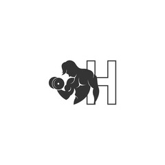 Letter H logo icon with a person holding barbell design vector