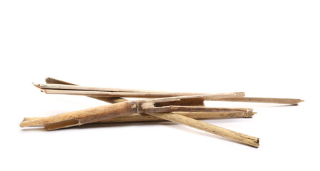 Dry cane branches, pile old reed for fire isolated on white background