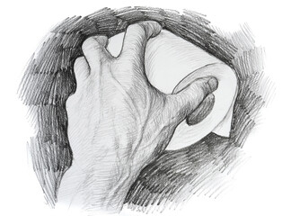 Pencil drawing of a hand with a roll of toilet paper - 420541455