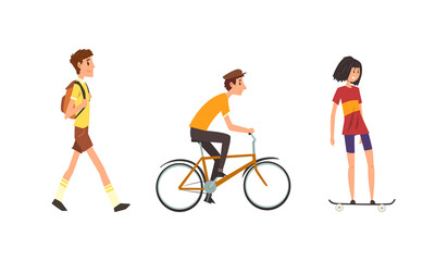 People Doing Sports Set, Men and Woman Walking, Riding Bike, Skateboarding Cartoon Vector Illustration