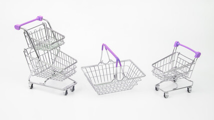 cart and basket for shopping market groceries on white background