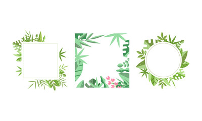 Square Frames with Green Leaves Around Border Vector Set