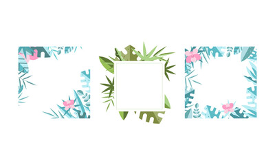 Square Frames with Green Leaves Around Border Vector Set