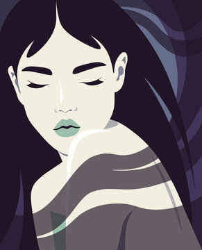 Portrait of a young Asian woman with her eyes closed on a dark abstract background. Fashion vector illustration
