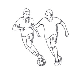 Football players disputing a ball. Hand-drawn scene. 