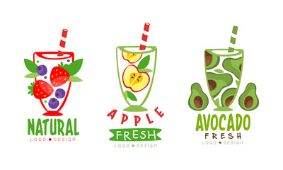 Fresh Fruit and Vegetable Juice in Glass with Straw Logo Design Vector Set