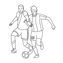 Football players disputing a ball. Hand-drawn scene. 