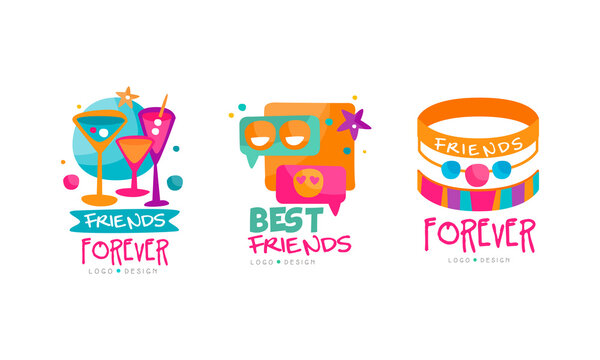 Friends Forever Logo Design with Cocktails and Bracelet Vector Set