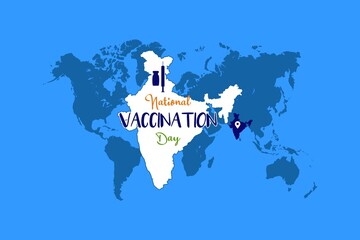National vaccination day typography and Indian vector map on the world map. Vector for poster, banner, t-shirt, and background. Importance for Covid-19 awareness. Vaccine and syringe clip