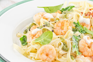 Pasta tagliatelle with prawns and spinach cream sauce series image 03