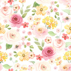 Floral summer pattern with pink and blush roses, small simple flowers, leaves and branches. Watercolor colorful illustration on white background, seamless print in rustic style.