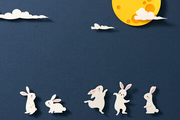 Rabbits enjoying moon together in paper art style