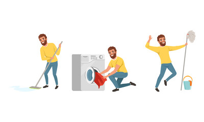 Happy Bearded Man in Yellow Sweater Mopping the Floor and Doing Laundry Vector Set