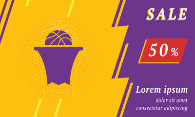 Sale promotion banner with place for your text. On the left is the basketball symbol. Promotional text with discount percentage on the right side. Vector illustration on yellow background