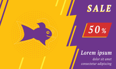 Sale promotion banner with place for your text. On the left is the gold fish symbol. Promotional text with discount percentage on the right side. Vector illustration on yellow background