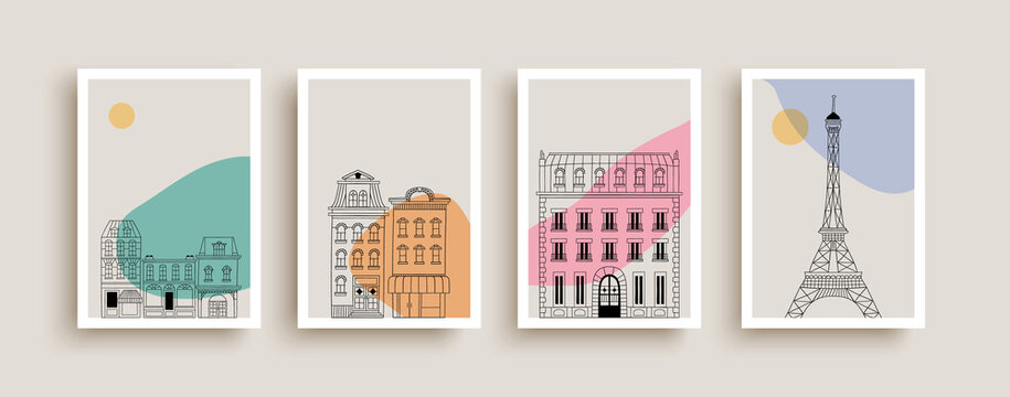 Cute paris city houses doodle poster collection