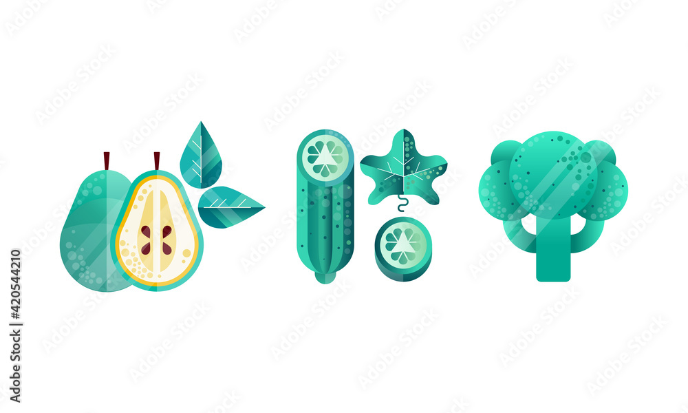 Poster fruit and vegetables with pear and cucumber vector set