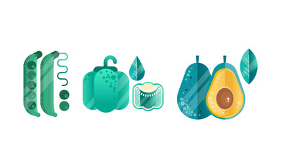 Fruit and Vegetables with Green Pea and Avocado Vector Set