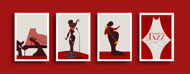 Women in jazz retro music template collection - obrazy, fototapety, plakaty