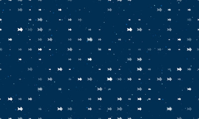 Seamless background pattern of evenly spaced white gold fish symbols of different sizes and opacity. Vector illustration on dark blue background with stars