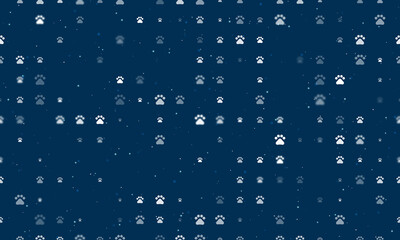 Seamless background pattern of evenly spaced white pet symbols of different sizes and opacity. Vector illustration on dark blue background with stars