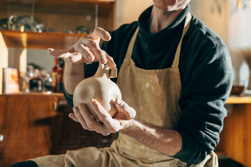 Satisfied adult pottery man holding at his hands finished pottery vase and showing