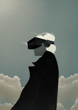 Portrait of a woman in VR glasses on sky background. virtual reality concept