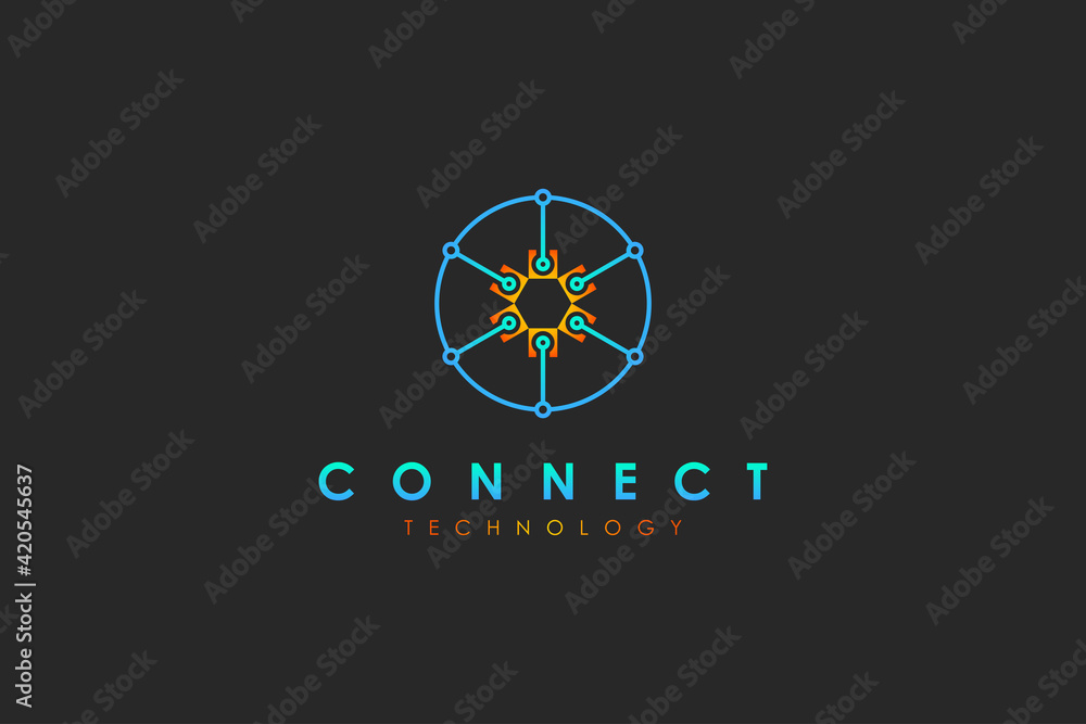 Poster digital connecting logo. blue circle shape initial letter o with connected dots isolated on black ba