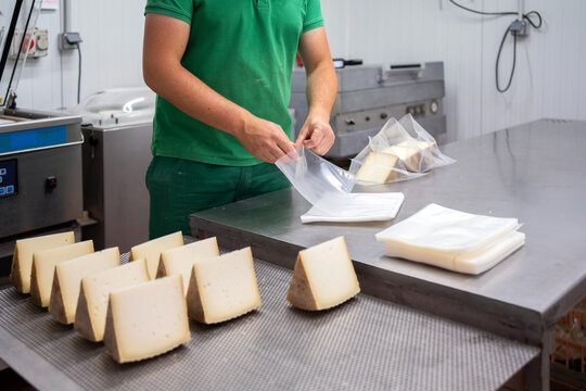 Packing Pieces Of Cheese In The Factory.