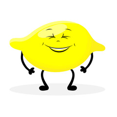 Lemon is a cheerful fruit, sad, vector children's drawing. Smiley man with legs and handles yellow for a vegetarian diet.
