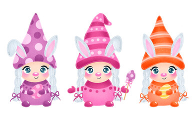 Illustration of cute easter gnomes girls with bunny ears isolated on white background set