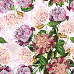 Garden flowers peony painted in watercolor with hydrangea. Floral seamless pattern on white background.