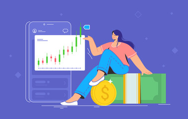Money investing and taking profit. Flat vector illustration of cute smiling woman sitting on dollar banknotes and golden coin near a big smartphone and pointing to the screen with growing market graph