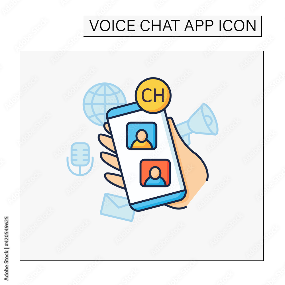 Poster voice chat app color icon. communication application with friends. listening lecture. hand keeps pho