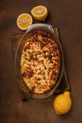 Freshly baked curd pudding in a baking dish