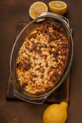 Freshly baked curd pudding in a baking dish